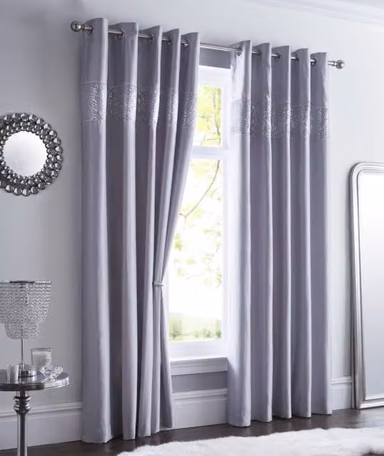 Terrys Shimmer Ready Made Eyelet Curtains in Silver Grey Satin Fabric