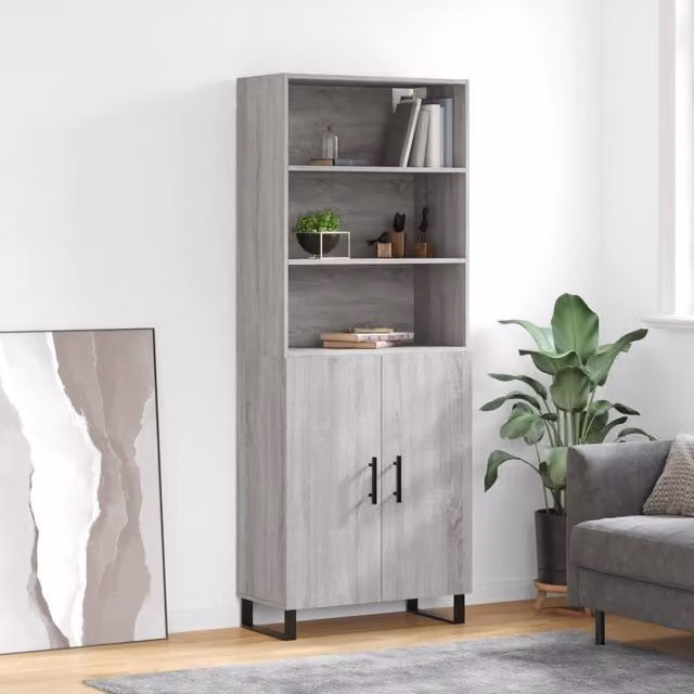 Berkfield Home Grey Sonoma Highboard with Hinged Doors and Internal Shelves, W/D/H: 69.5 x 34 x 180 cm