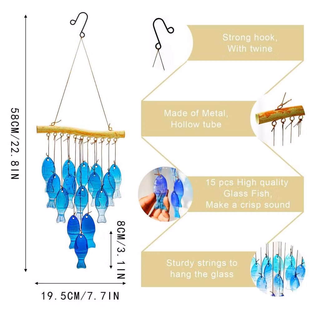 Quipulse Blue Fish-shaped Glass and Metal Hanging Wind Chime – 2