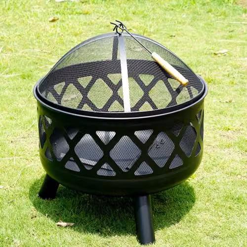 Gr8 Garden Black Steel Round Fire Bowl for Wood and Charcoal with Mesh Cover – 6