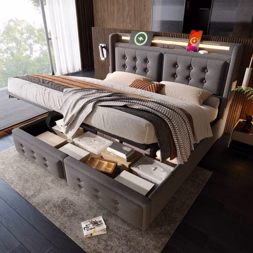 ModernLuxe Upholstered King Size Ottoman Bed with LED Lighting and Bedside Shelf in Grey – 7