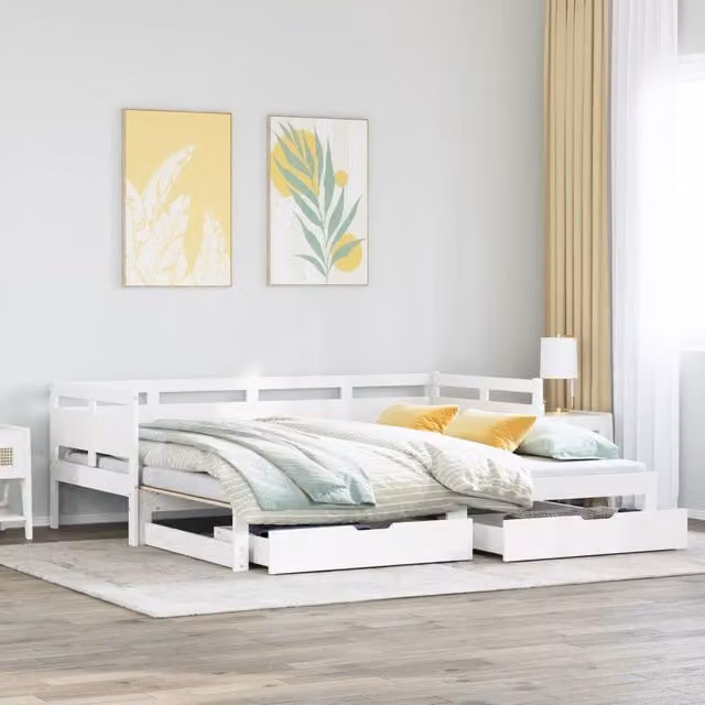 Berkfield Home White Rustic Pine Daybed with Trundle and Drawers, W/D/H: 80 x 200 cm