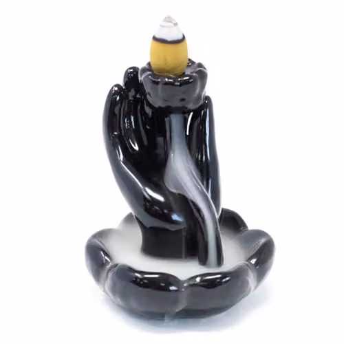 KDMD Black Ceramic Back Flow Incense Burner with Hand and Lotus Flower Design