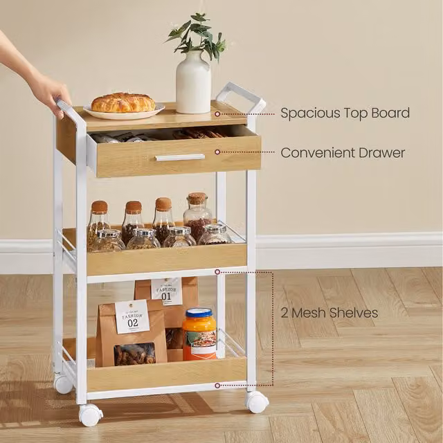 VASAGLE 3-Tier Rolling Storage Cart with Lockable Castors and Drawer, Yellow