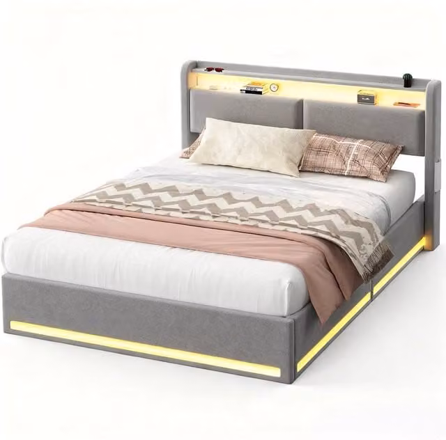 PAWNORA Upholstered Double Bed Frame with Lift Up Base in Grey – 1