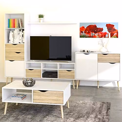 Furniture To Go Oslo Wide TV Unit with 2 Drawers and 4 Shelves in White and Oak, W/D/H: 117.2 x 39.1 x 57.4 cm – 3