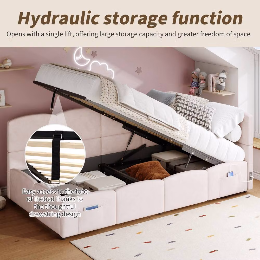 STILVORA Pink Velvet Upholstered Single Bed Frame with USB Charging Port and Lift Up Base, W/D/H: 90 x 190 x 78 cm – 3