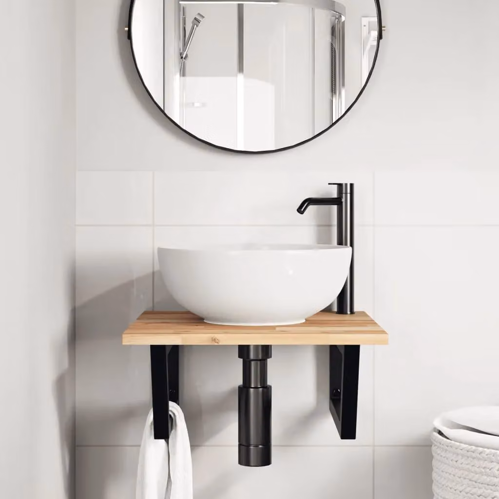 Berkfield Home Wall Mounted Basin Shelf in Brown Acacia Wood and Steel – 2
