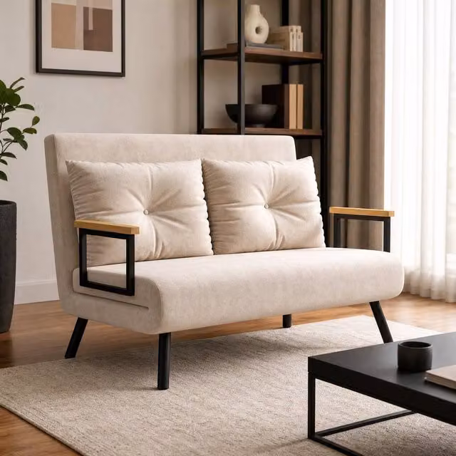 STILVORA 4-in-1 Convertible Double Sofa Bed in Beige Velvet with Scatter Cushions, W/D/H: 140 x 200 cm