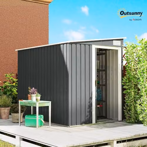 Outsunny Light Grey Metal Lean-to Garden Shed with Foundation Kit and Side Vents, W/D/H: 212.5 x 154 x 181 cm – 2