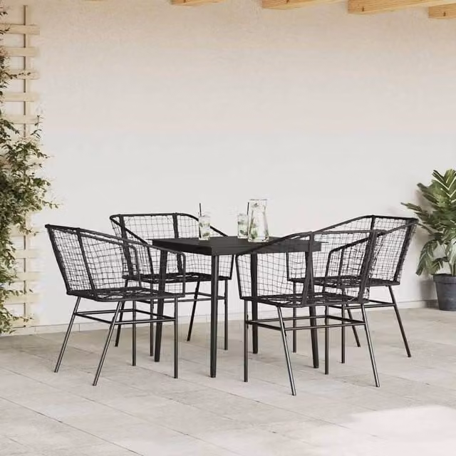 Berkfield Home Beautiful 5 Piece Black Poly Rattan Garden Dining Set with Glass Top