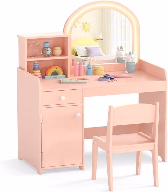 Gymax Vanity Table and Chair Set Makeup Playset with Shelves and LED Light in Peach – 1