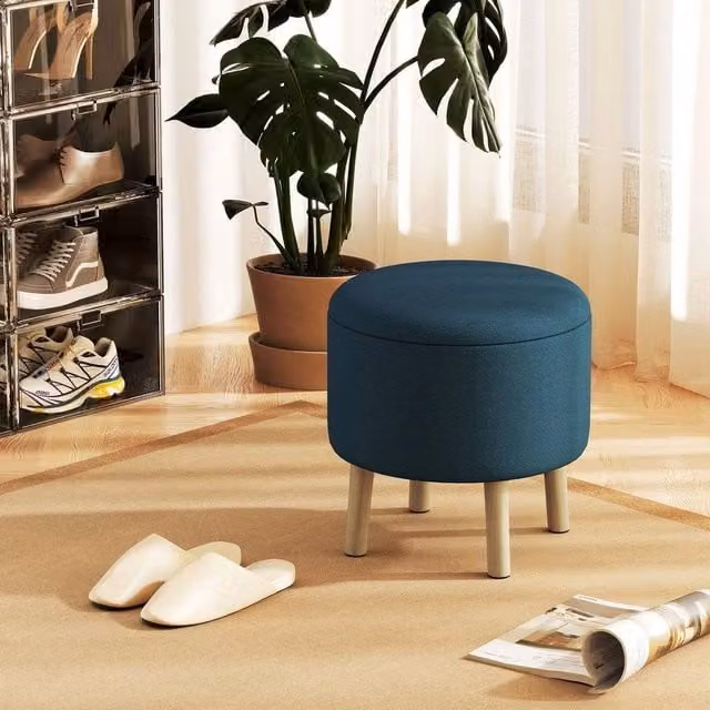 EONLION Round Storage Ottoman Stool in Blue with Cushioned Fabric Top, Diameter: 100 cm – 1
