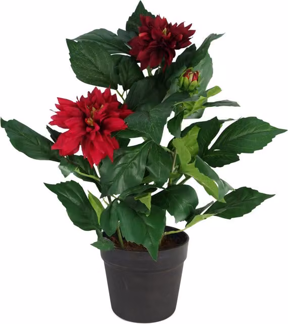 Red Artificial Dahlia Potted Tabletop Plant with Textile and Plastic Leaves