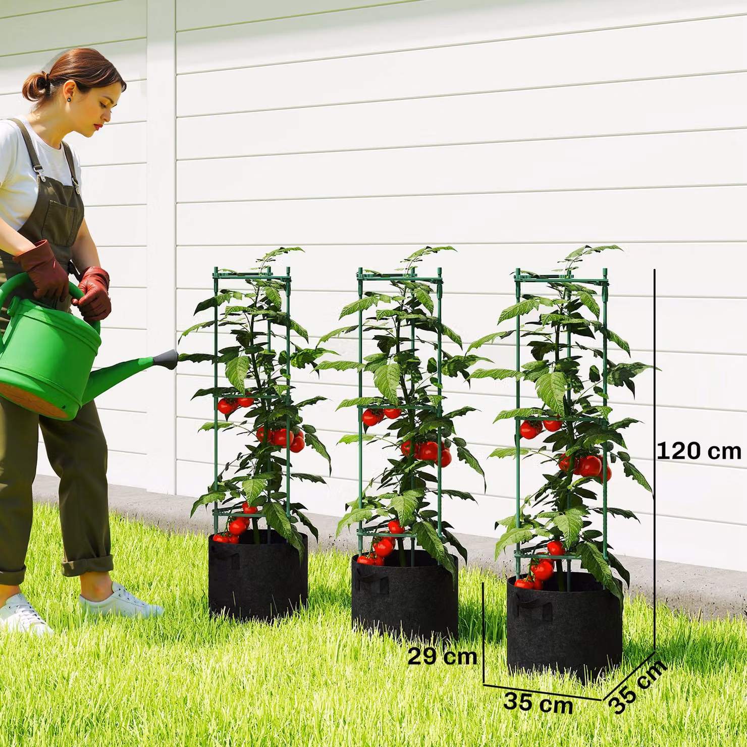 Outsunny 3 Pack Tomato Cages with 83.7L Grow Bags and 120cm Adjustable Triangle Plant Stakes Support Trellis – 3