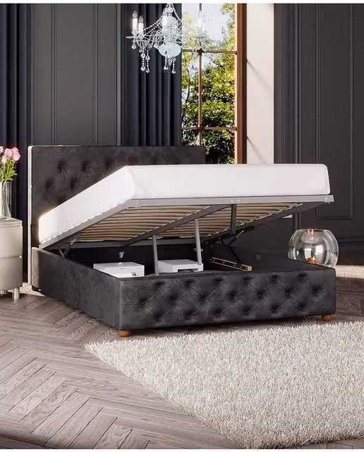 Laurence Llewelyn-Bowen Luna Ottoman Storage Bed in Black Mirazzi Velvet Fabric, King Size (W/D: 180 x 200 cm) – 1