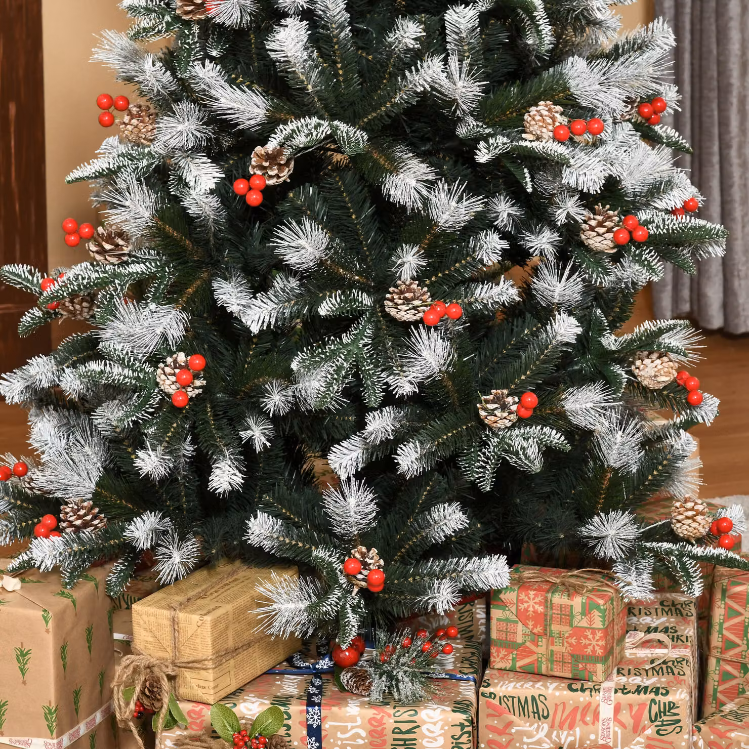HOMCOM 6ft Artificial Snow Dipped Christmas Pencil Tree with Red Berries and White Pinecones, Green – 7