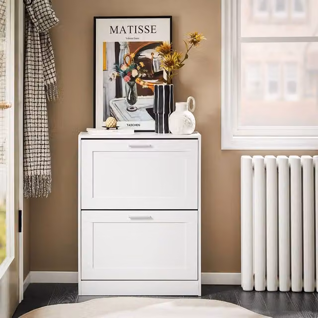 SoBuy Slim White Shoe Cabinet with Tilting Compartments and Internal Shelves, H 80 x W 60 x D 25 cm