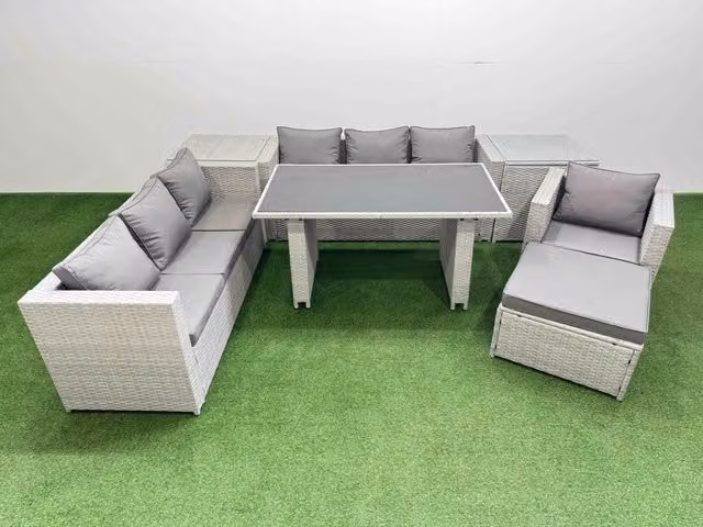 Fimous Patio Garden Furniture Set with 2 Side Tables and Big Stool in Light Grey Polyrattan