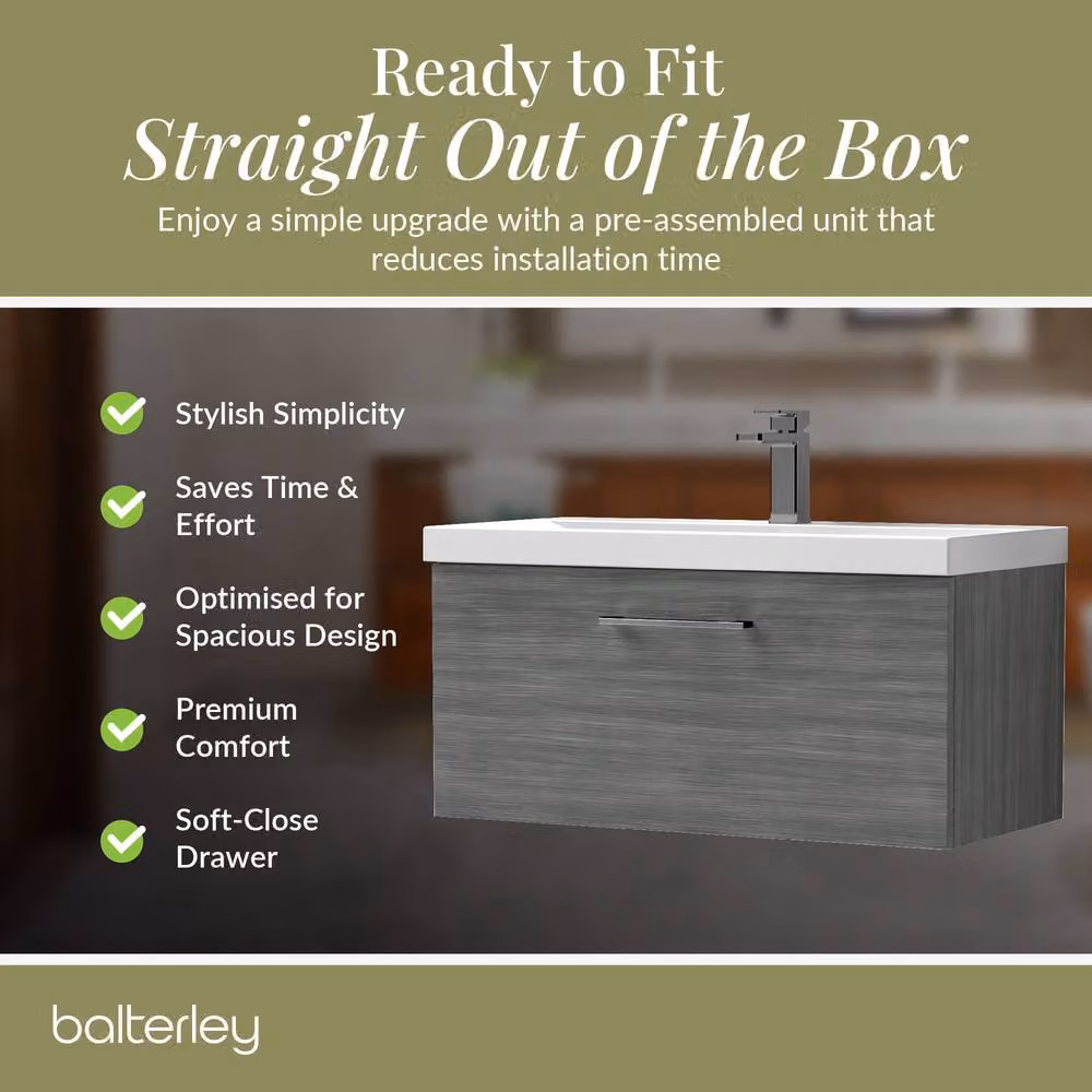 Balterley 800mm Wall Hung 1 Drawer Vanity in Woodgrain Anthracite and Grey with Pewter Handle – 4