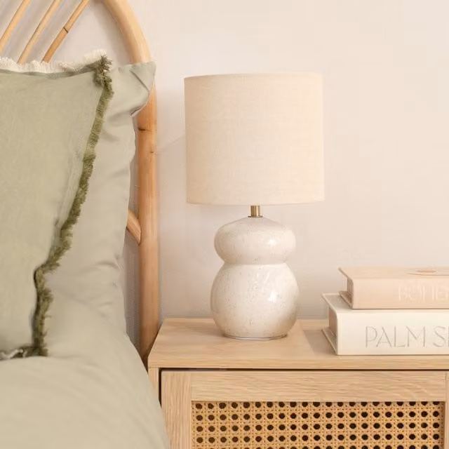 Kendal Glazed Ceramic Table Lamp with Fabric Drum Shade in Beige and Brown