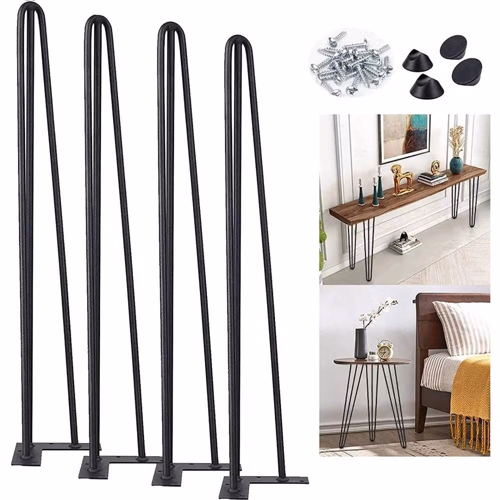 KORVIXA Set of 4 Retro 3-Rod Solid Metal Hairpin Table Legs in Matt Black, Height: 86 cm – 3