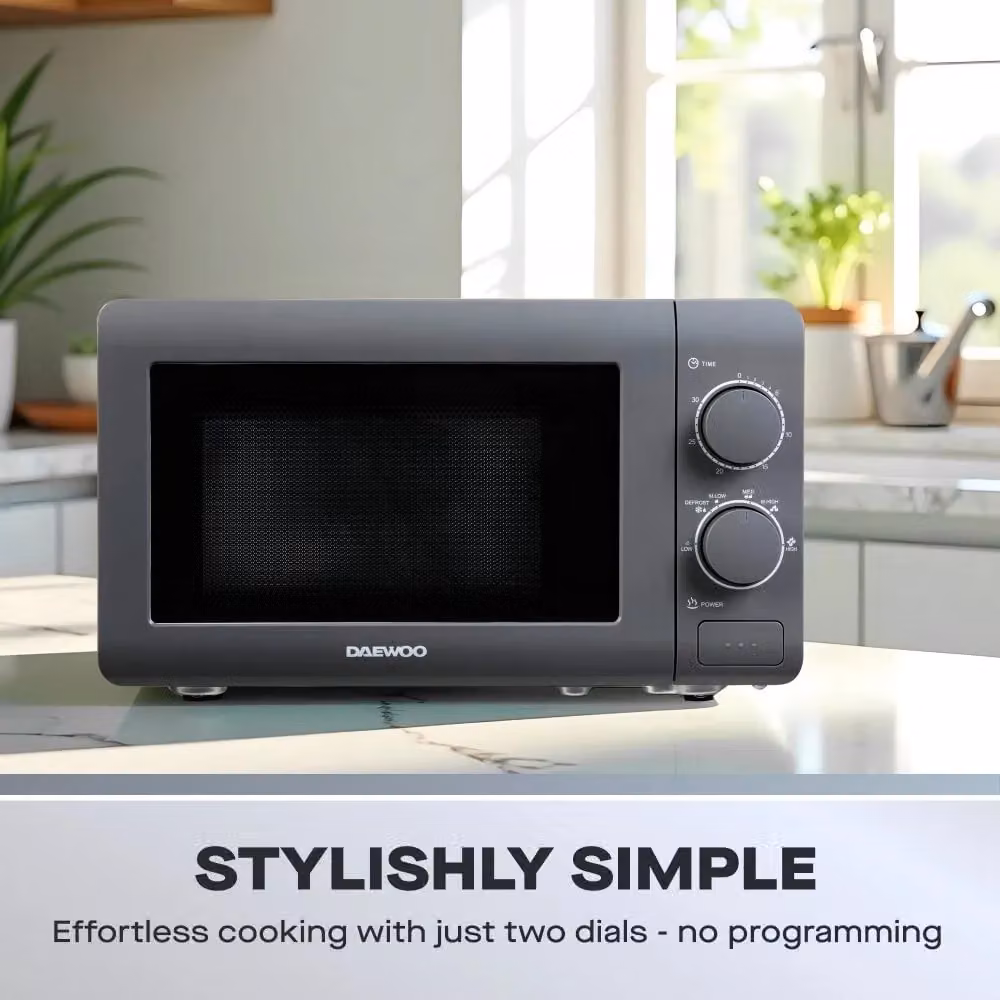 Daewoo Grey Solo Microwave with 20L Capacity, 800W Power and Timer – 4