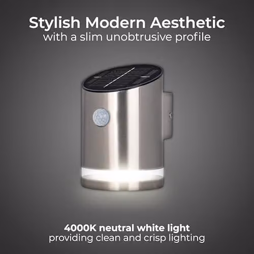 Luceco Solar Guardian LED Outdoor Wall Lantern with PIR Motion and Dusk Sensor, Stainless Steel, Grey – 2