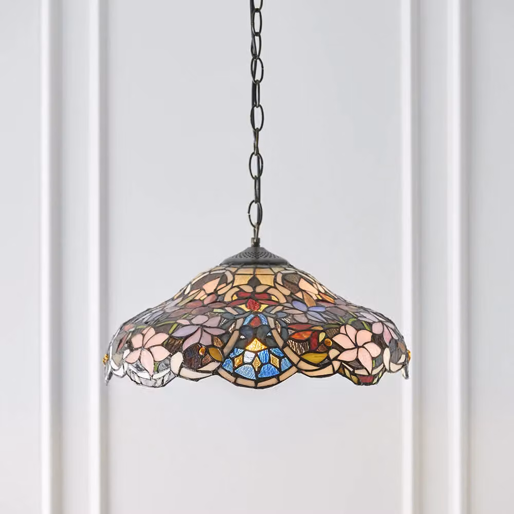 Loops Floral Tiffany Glass Design Ceiling Pendant Light in Dark Bronze and Multicolour Glass – 2
