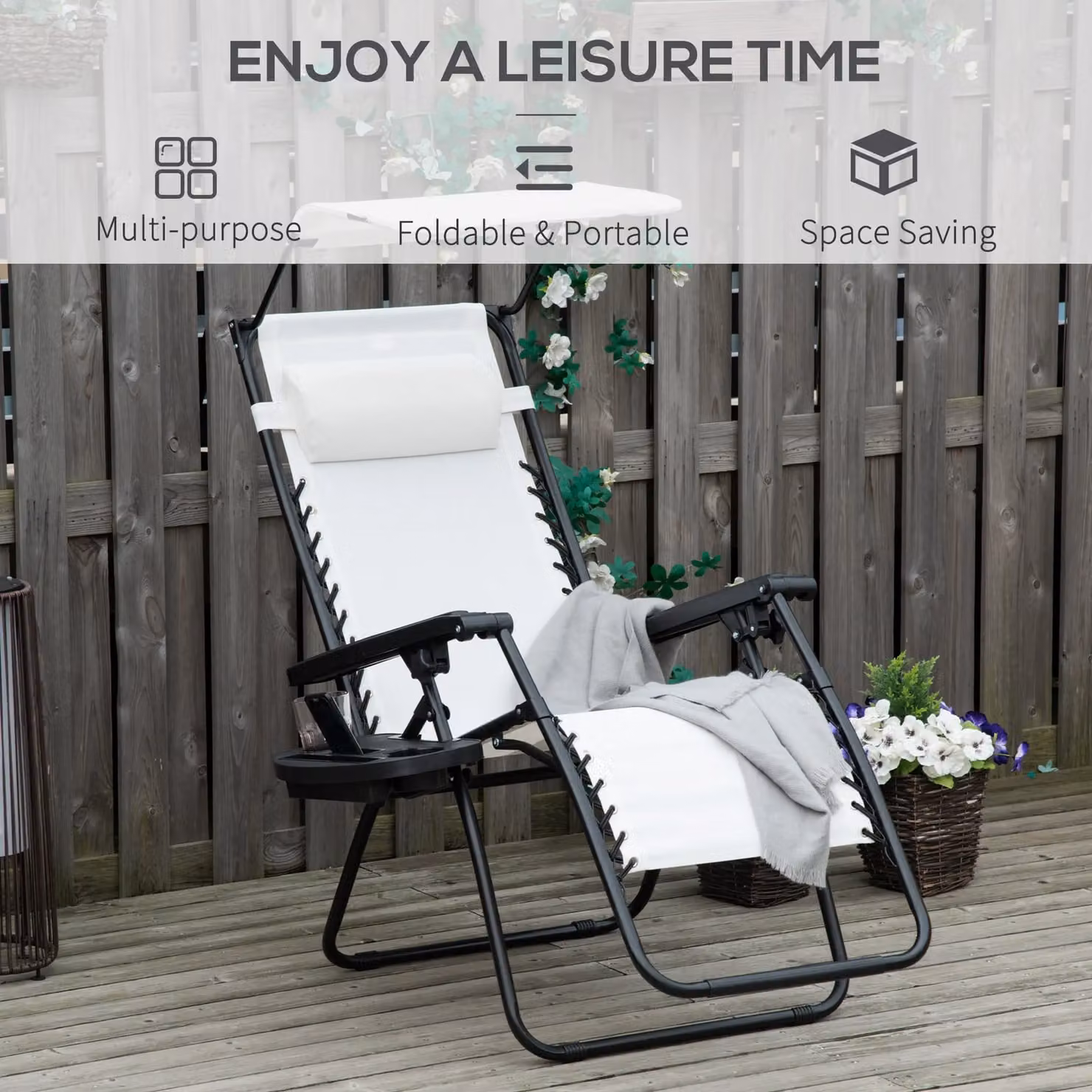 OUTSUNNY White Zero Gravity Patio Lounge Chair with Adjustable Headrest and Cup Holder – 3