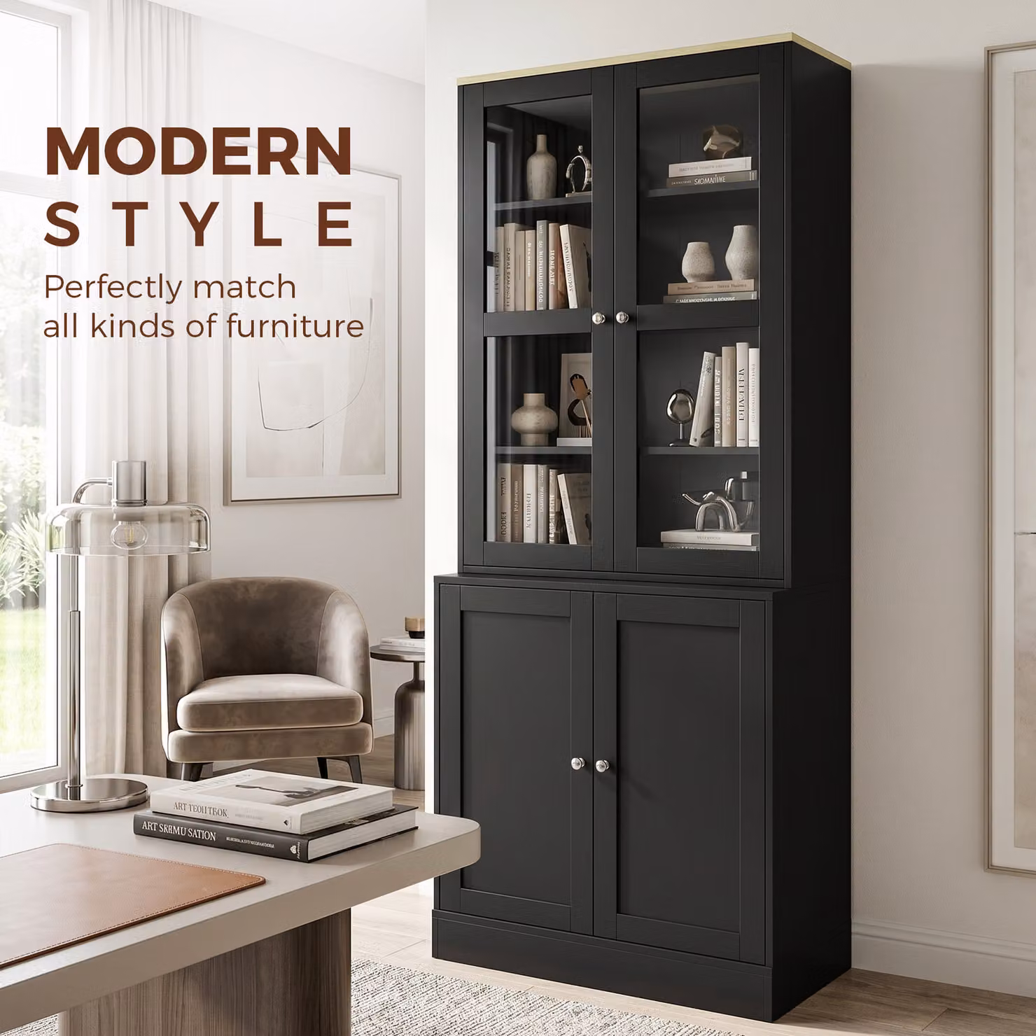 HOMCOM Modern Black Bookcase Display Storage Unit with Glass Doors and Adjustable Shelves, H: 179.0 cm, W: 76.0 cm, D: 30.0 cm – 4
