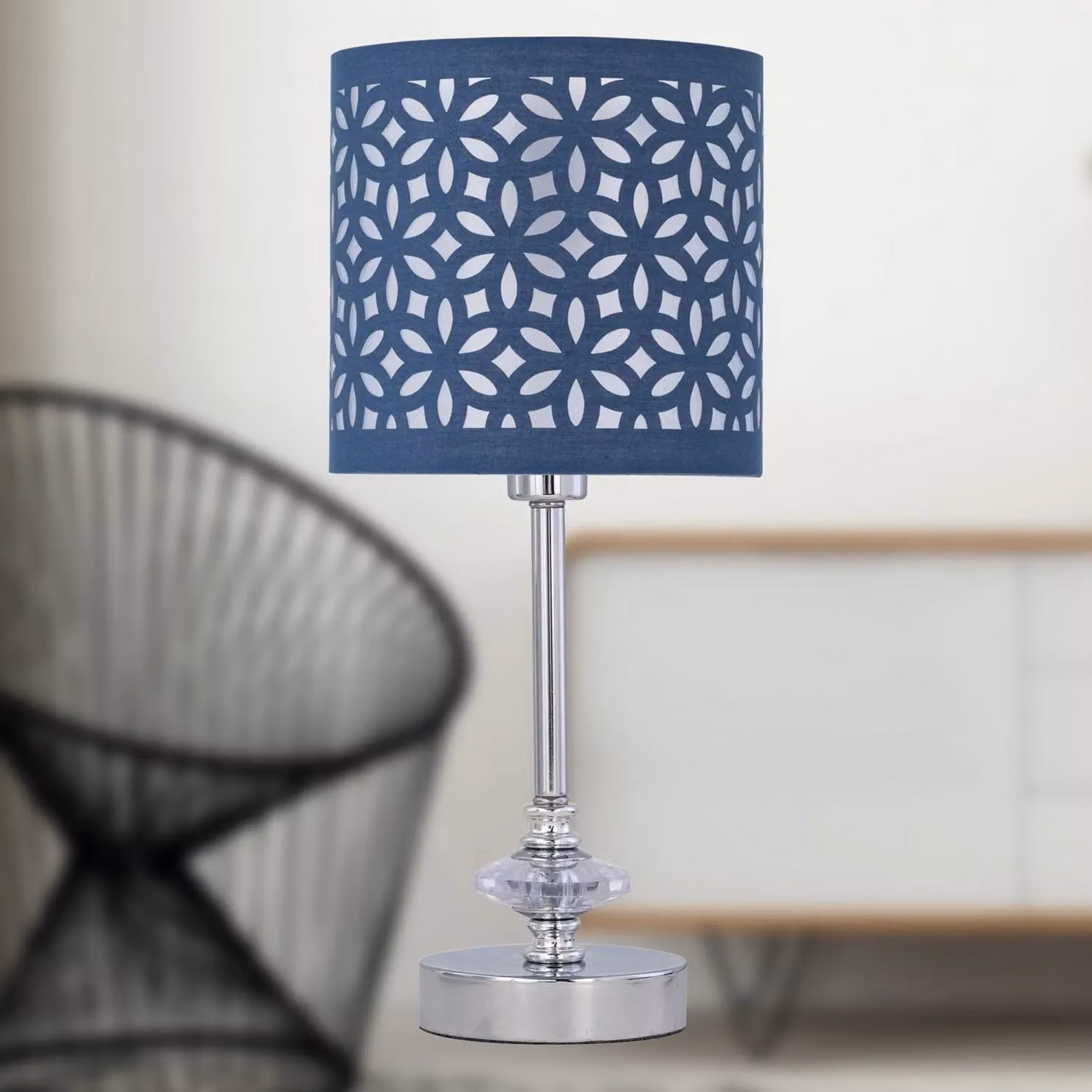 First Choice Lighting Set of 2 Chrome Jewelled Table Lamps with Navy Blue Fabric Shades – 3