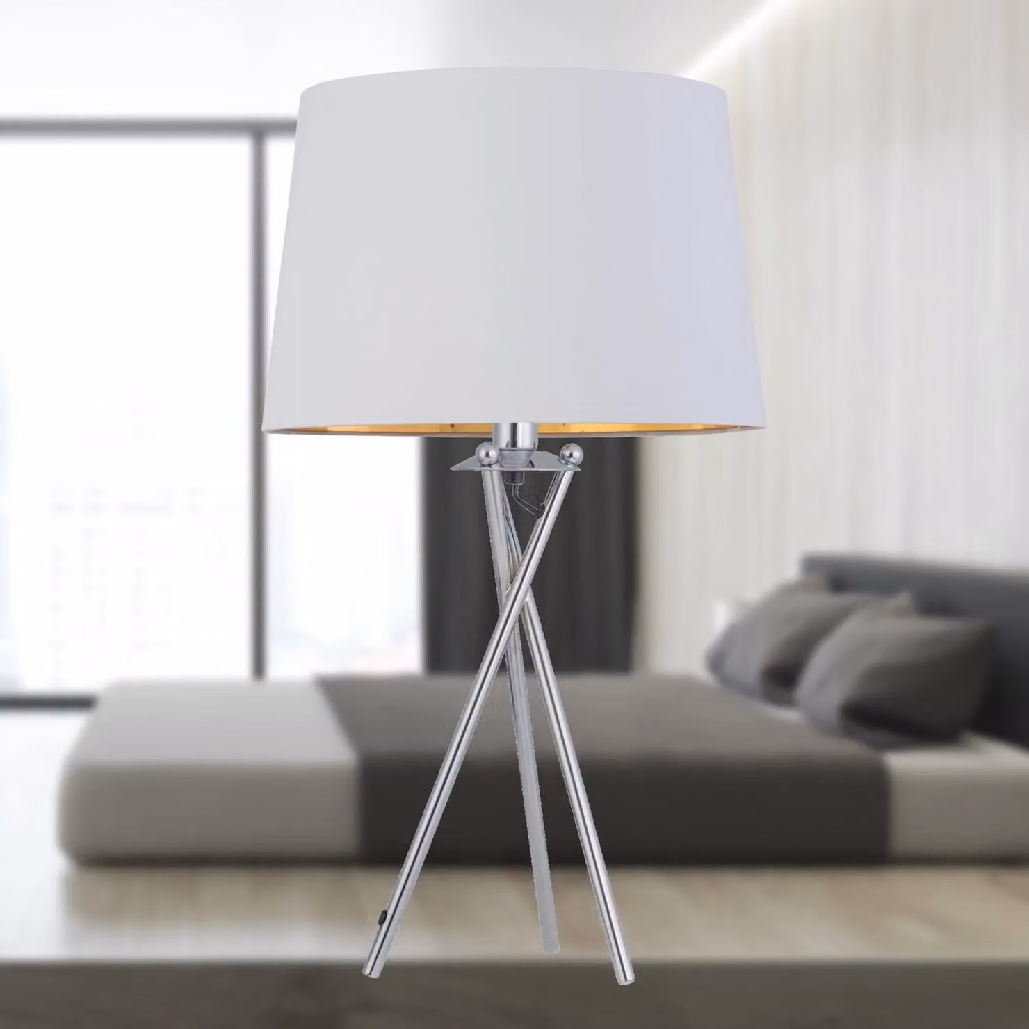 First Choice Lighting Tripod Chrome Lamp with White and Gold Fabric Shade – 2