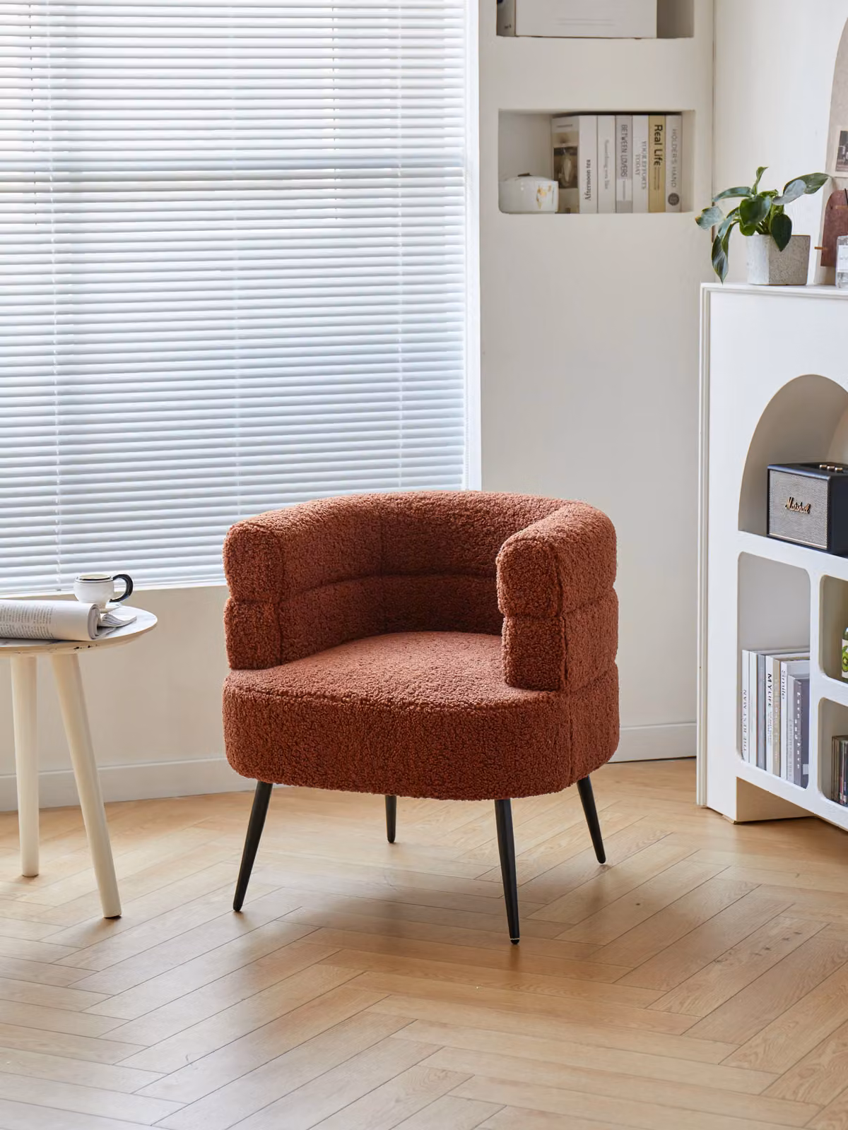 Nordlys Scandinavian Design Red Bouclé Tub Lounge Chair with Black Metal Legs – 2
