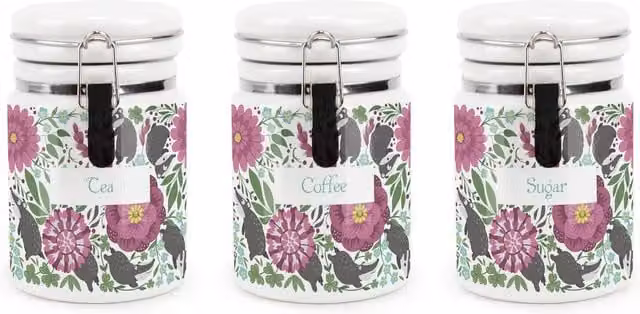 Purely Home Floral Badgers Ceramic Tea, Coffee and Sugar Storage Canister Set in Purple and White