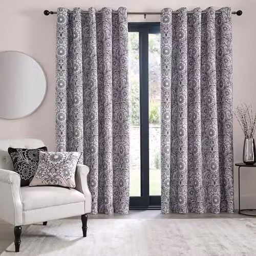Ulster Weavers Laurence Llewelyn-Bowen Black and Natural Floral Blackout Curtains, Thermal Insulated Boho Mandala Drapes, W: 229 cm, H: 183 cm