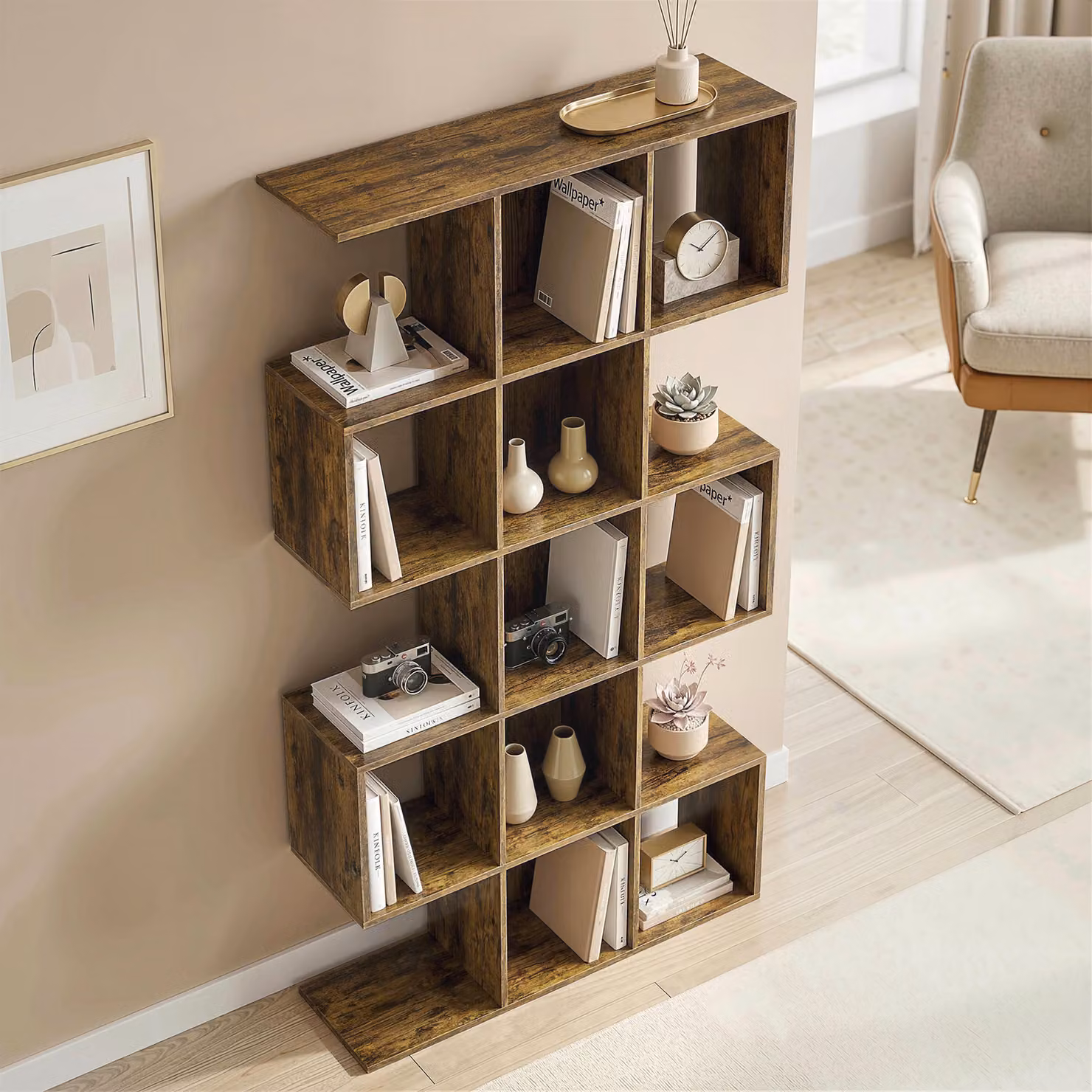 HOMCOM 5-Tier S-Shaped Geometric Bookshelf with 15 Compartments in Rustic Brown – 8