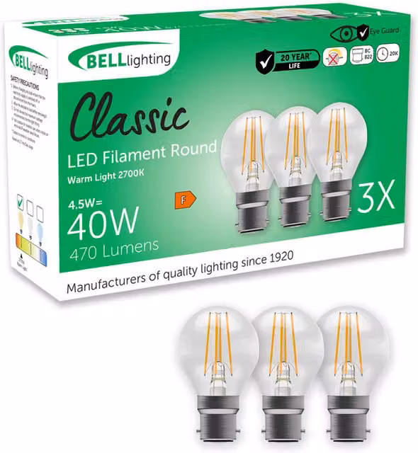 BELL Lighting B22 Bayonet Non Dimmable LED Golf Ball Filament Bulb, Warm White 2700K, 4.5 W, 15 cm