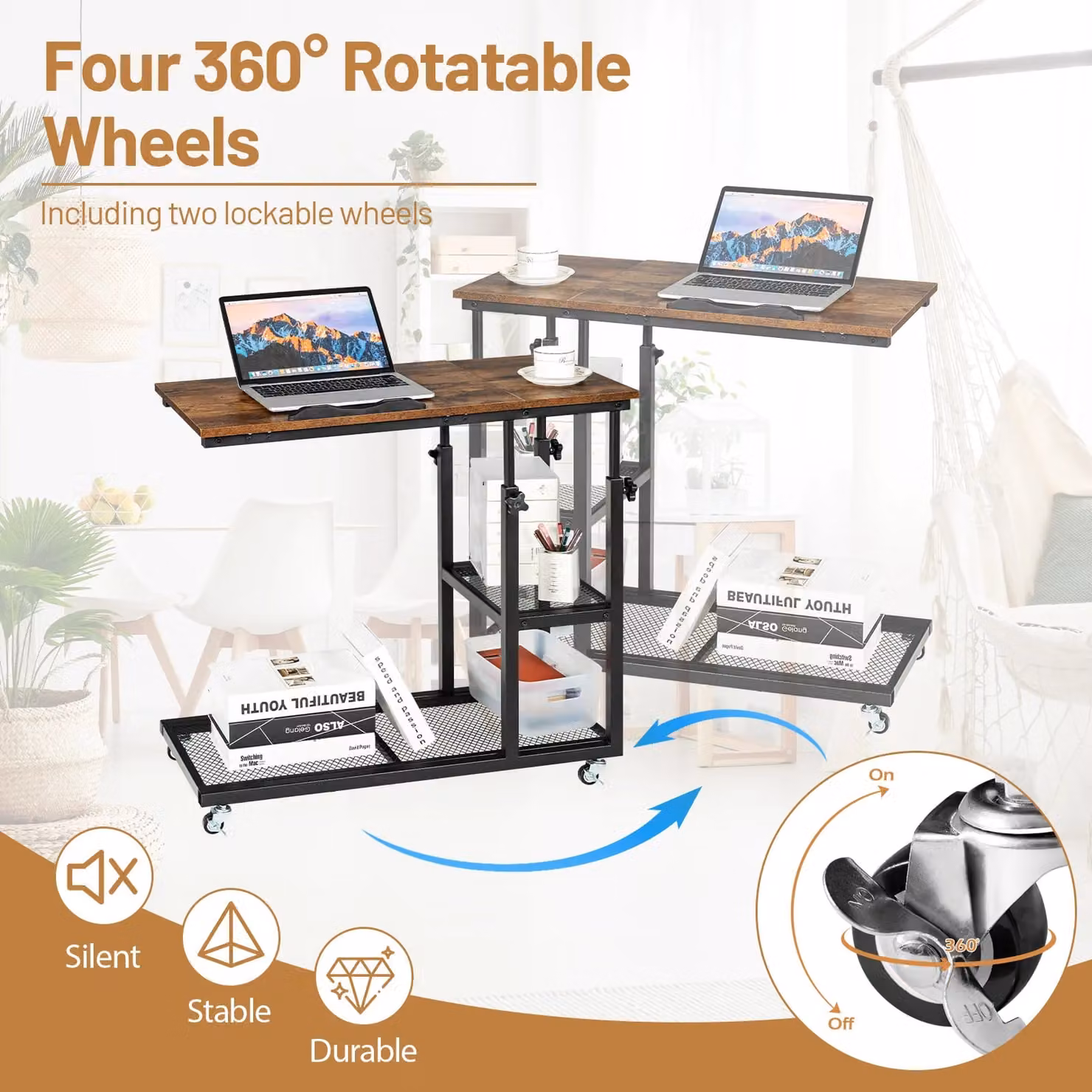 Costway C-Shaped Adjustable Bedside Table in Brown with Tiltable Tabletop and Wheels – 4