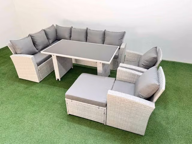 Fimous 9 Seater Wicker Rattan Corner Sofa Set with Large Footstool in Light Grey