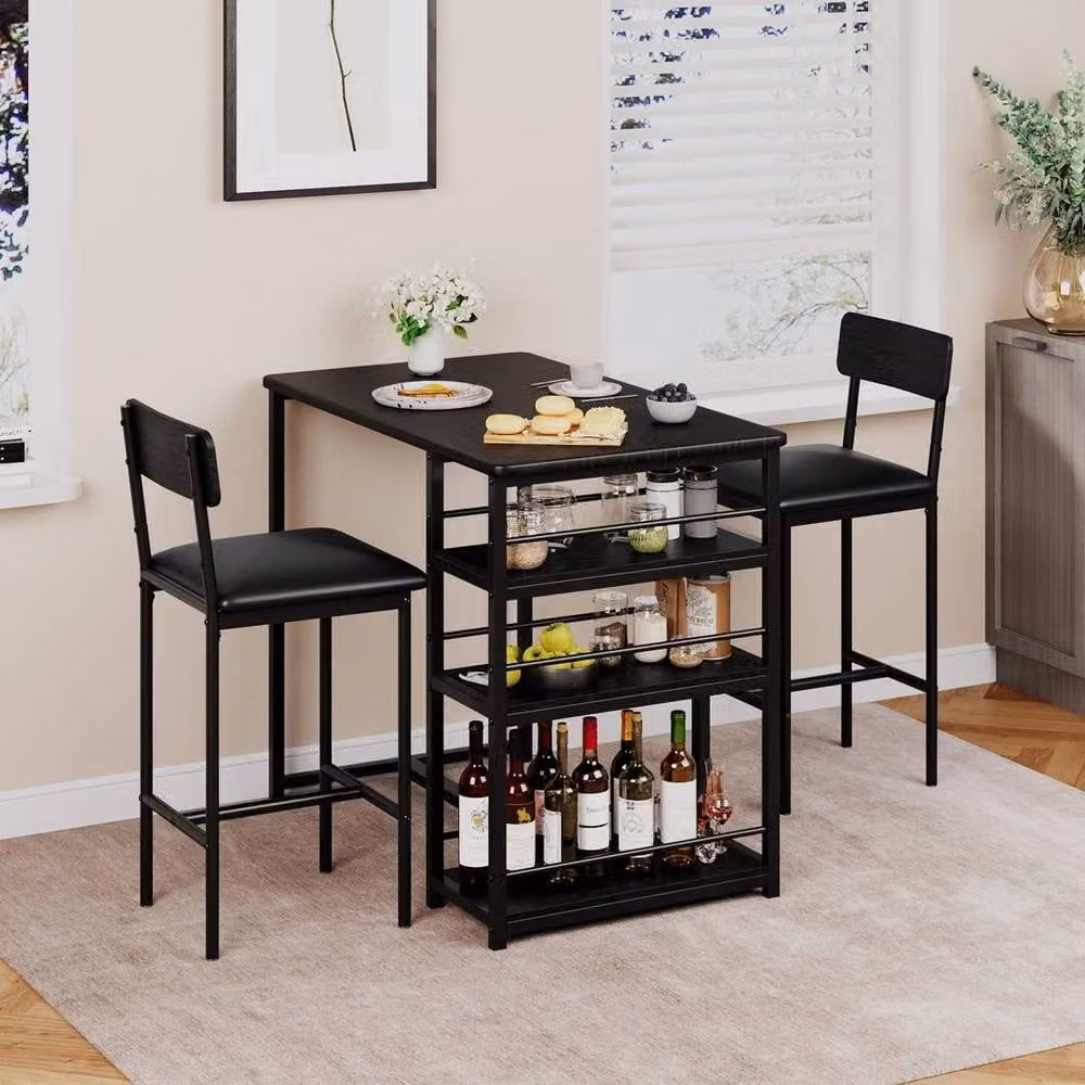 KORVIXA 3 Piece Counter Height Kitchen Dining Table and Upholstered Chair Set in Black, W: 100 cm – 3