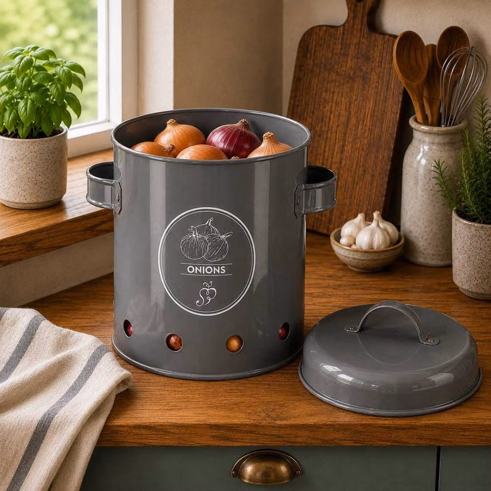 PAWNORA Grey Metal Onion Storage Container with Lid – 3