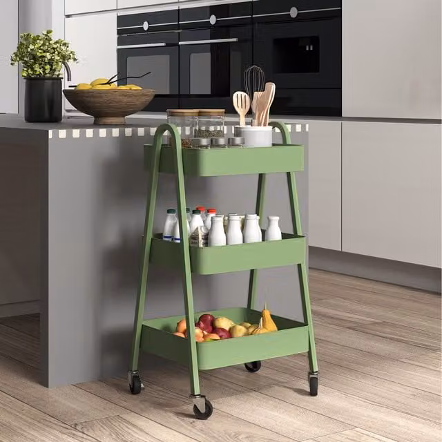 HOMCOM 3 Tier Metal Storage Trolley with Wheels and Handles in Matt Green