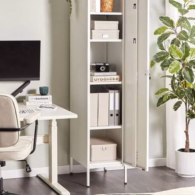 Wyld and Coco White Metal Lockable Storage Cabinet with Hinged Doors, Internal Shelves and Hanging Rod – 1