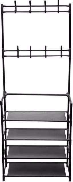 Garden Sanctuary 4 Tier Entryway Shoe Rack with Coat Hanger in Matt Black Metal