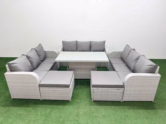 Fimous 11 Seater PE Rattan Outdoor Garden Furniture Set in Grey with 3 Seater Sofa, 2 Footstools, and Adjustable Lifting Dining or Coffee Table