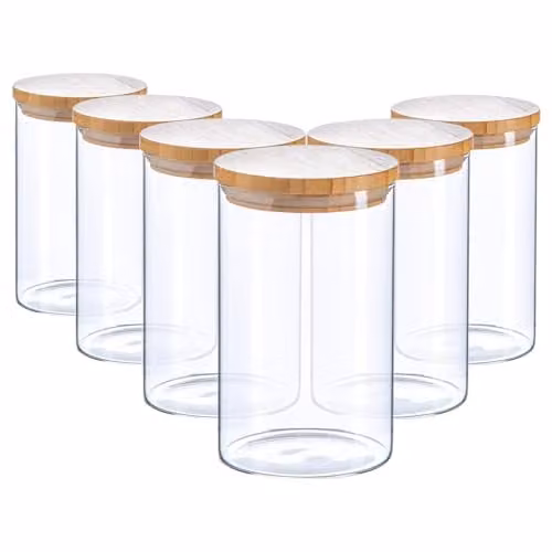 Argon Tableware Scandi Airtight Glass Storage Jars with Wooden Lids, 1 l, 6 Pack, Transparent – 1