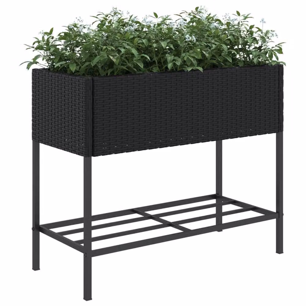Berkfield Home Garden Planter with Shelf in Black Poly Rattan – 4