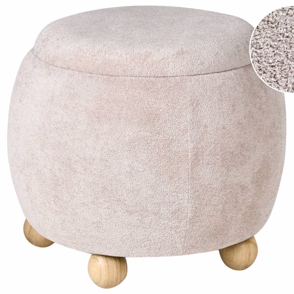 Wyld and Coco Teddy Pouffe Light Beige Boucle Round Storage Footstool and Side Table – 2
