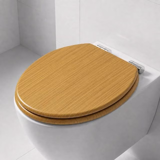SINOBATH Antibacterial MDF Soft Close Toilet Seat with Quick Release Hinges, Light Brown, Oval Shape – 1